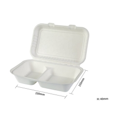 Caja de envasado de alimentos para llevar de bagazo de caña de azúcar de 2 compartimentos de 9 pulgadas x 6 pulgadas desechable