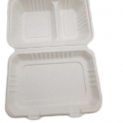 100% biologisch abbaubare Einweg Zuckerrohr Bagasse 2 Fächer Fast Food Verpackungsbehälter mit Deckel