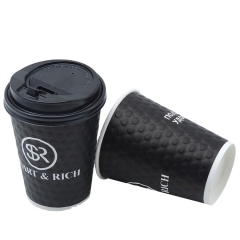 Vaso de papel de pared ondulado compostable negro de 12 oz con tapa