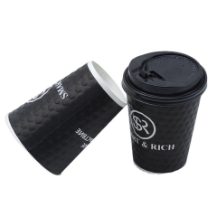 12oz Black Compostable ripple wall Paper Cup With Lid