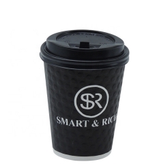 Vaso de papel de pared ondulado compostable negro de 12 oz con tapa