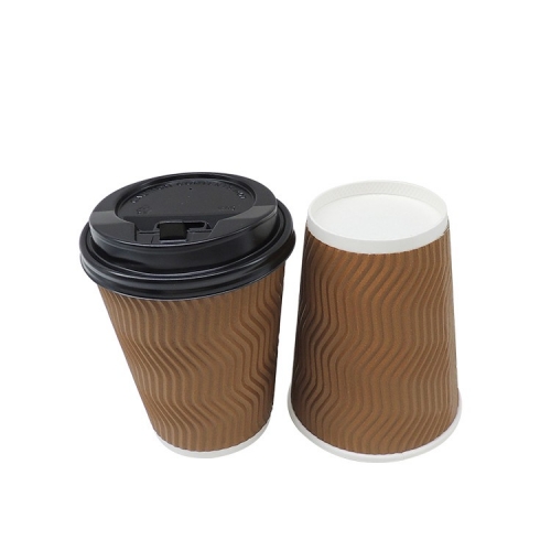 Tasses de papier de café jetables de mur d'ondulation du marketing 12oz chaud avec des couvercles