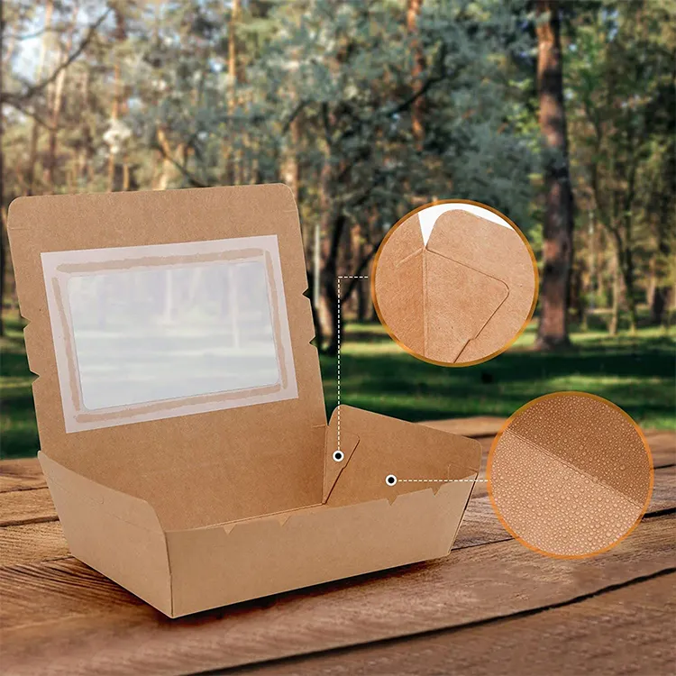 Fiambrera de papel kraft para llevar respetuosa con el medio ambiente, cajas de embalaje de alimentos kraft