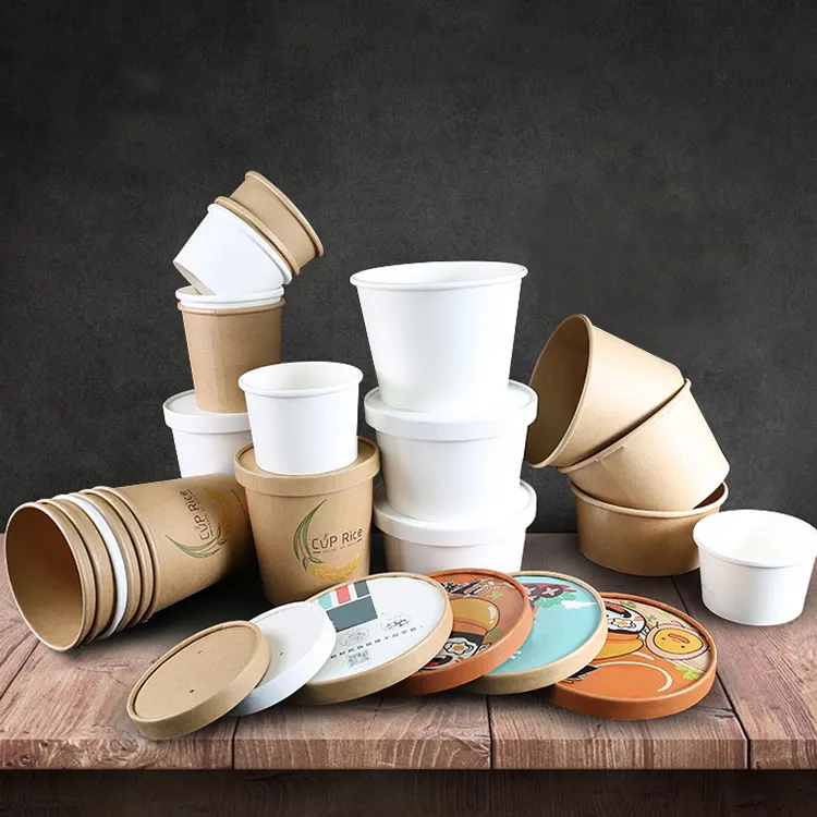 Custom Printed Disposable Kraft Paper Soup Bowls To Go Ice Cream Kraft Paper Hot Soup Cup Take Away Food With Lid