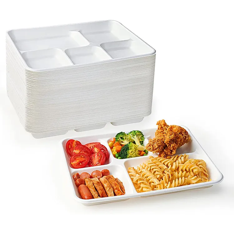 Custom Microwavable Biodegradable Bagasse Pulp 5 Compartment Tray