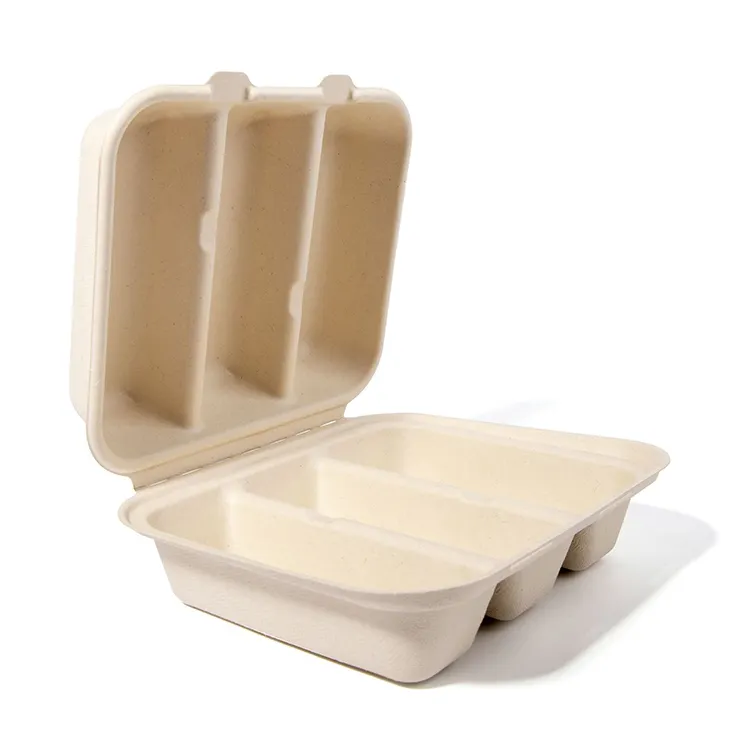 Disposable take away food bagasse taco box 3-compartment bagasse mexico taco tray