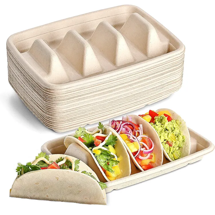 Disposable take away food bagasse taco box 3-compartment bagasse mexico taco tray