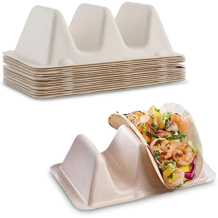 Disposable take away food bagasse taco box 3-compartment bagasse mexico taco tray