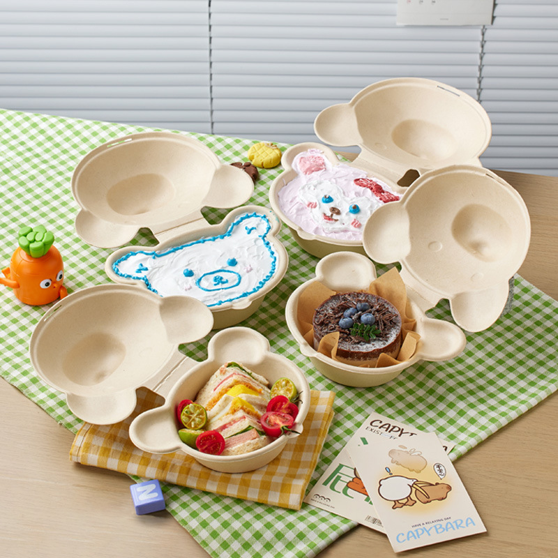 Mini Disposable Sugarcane Bear Bento Takeaway Box 