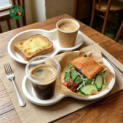 Disposable Bagasse 2-in-1 Cup Holder Food Tray Compostable Cup Tray Bulk