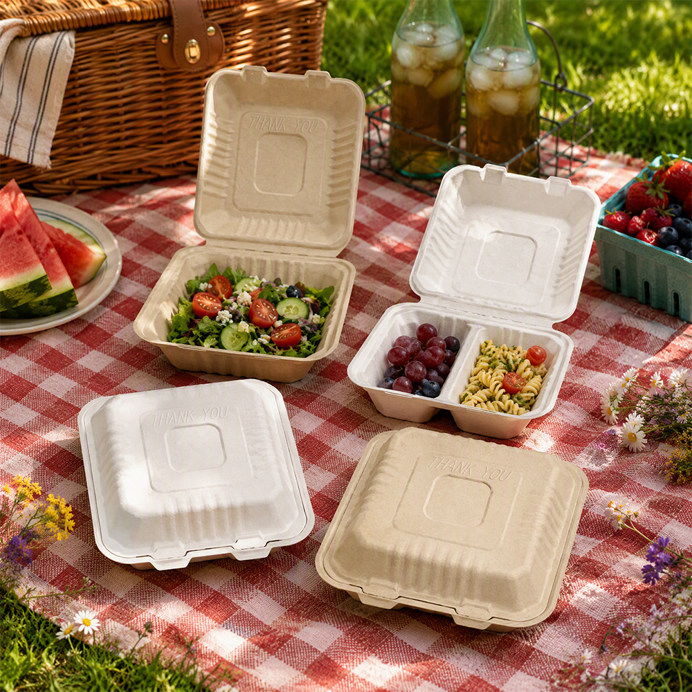 Custom Sugarcane Bagasse Clamshell Box OEM Logo Bulk Pricing for Restaurant