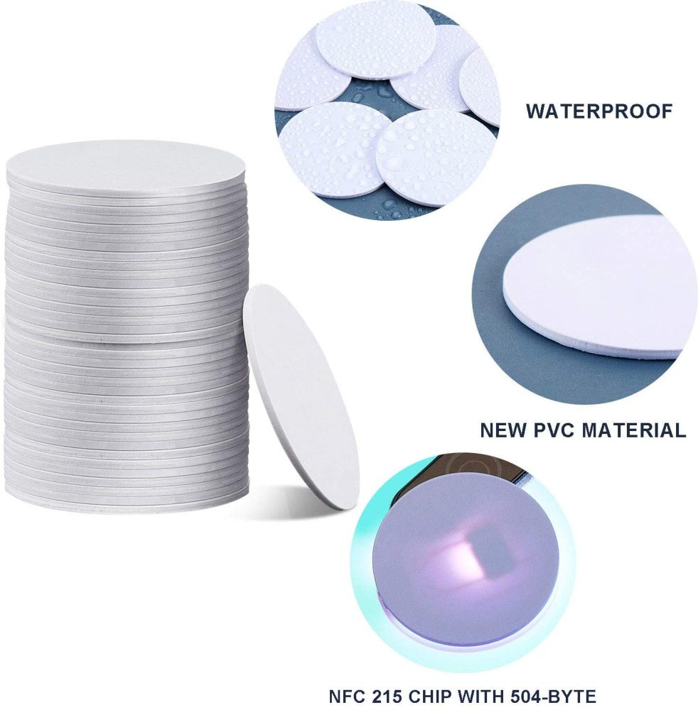 50 Pieces 215 NFC Card Tag Blank White PVC Card NFC Coin Cards Compatible with Tagmo and NFC Enabled Mobile Phones and Devices, Round (25 mm/ 1 Inch)
