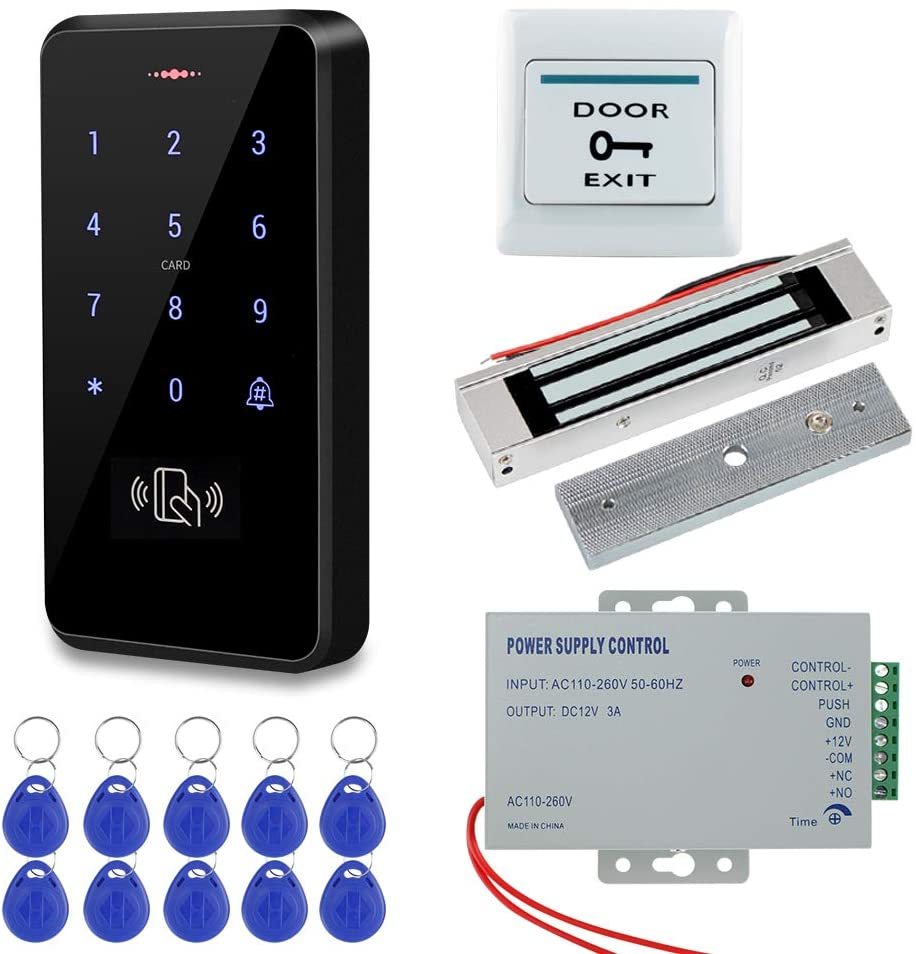 IP68 Waterproof Outdoor Door Access Control System Kit RFID Access Control Keypad Touch Panel + 180KG/350lbs Electric Magnetic Lock + Power Supply +10pcs Keyfobs