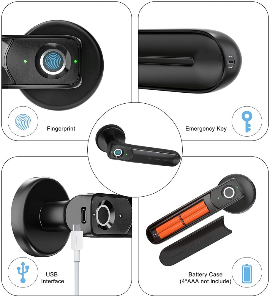Fingerprint Door Lock by BIWIBON, Keyless Entry Door Lock, 30 Fingerprint Biometric Door Lock, Left-Right Adjustable Handle, 4 AAA with Low Battery Alert, Auto Lock Mode for AirBnB, Home and Office