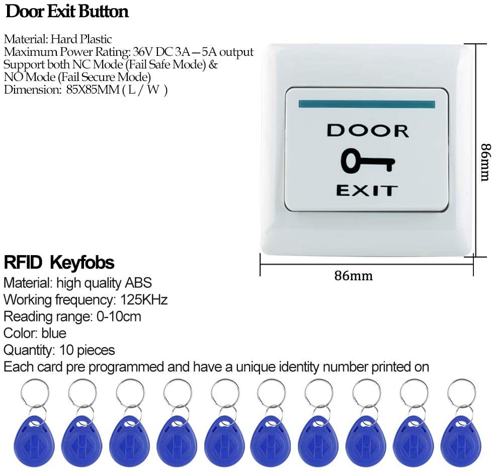 IP68 Waterproof Outdoor Door Access Control System Kit RFID Access Control Keypad Touch Panel + 180KG/350lbs Electric Magnetic Lock + Power Supply +10pcs Keyfobs