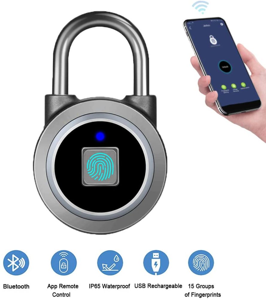 Fingerprint Padlock, Bluetooth Lock, Mobile APP, MEGAFEIS Smart Padlock with Keyless Biometric, Water Resistant, Suitable for Gym, Sports, Bike, School, Locker and Storage(Grey)
