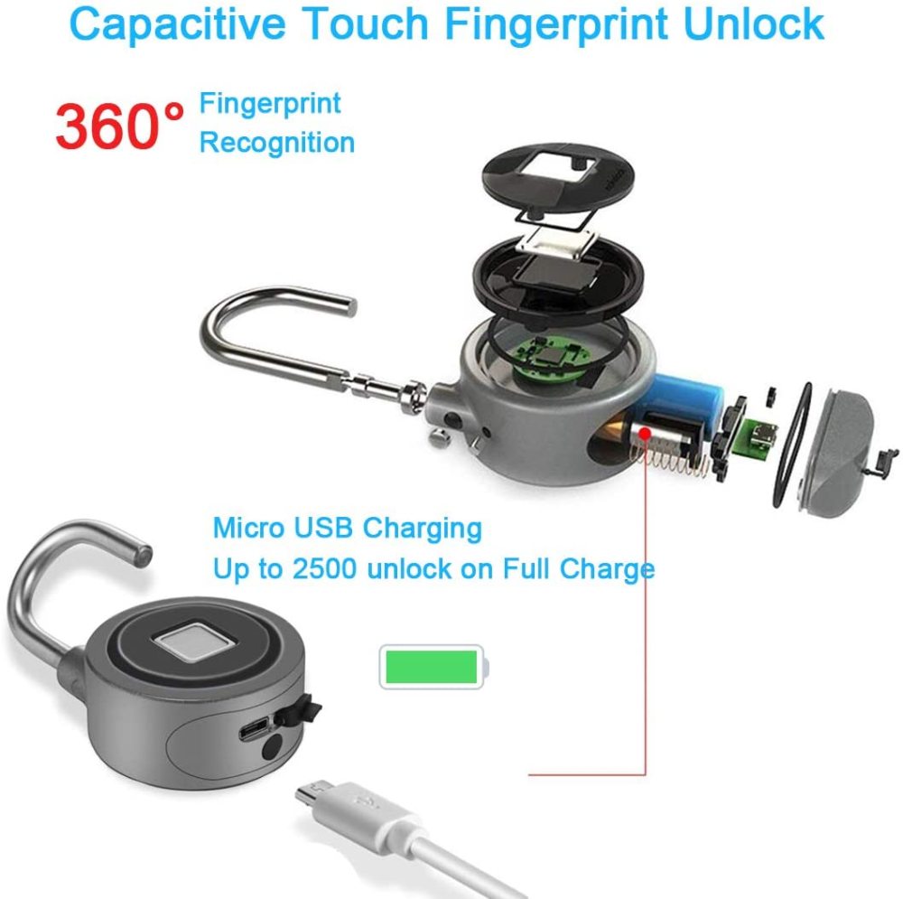 Fingerprint Padlock, Bluetooth Lock, Mobile APP, MEGAFEIS Smart Padlock with Keyless Biometric, Water Resistant, Suitable for Gym, Sports, Bike, School, Locker and Storage(Grey)