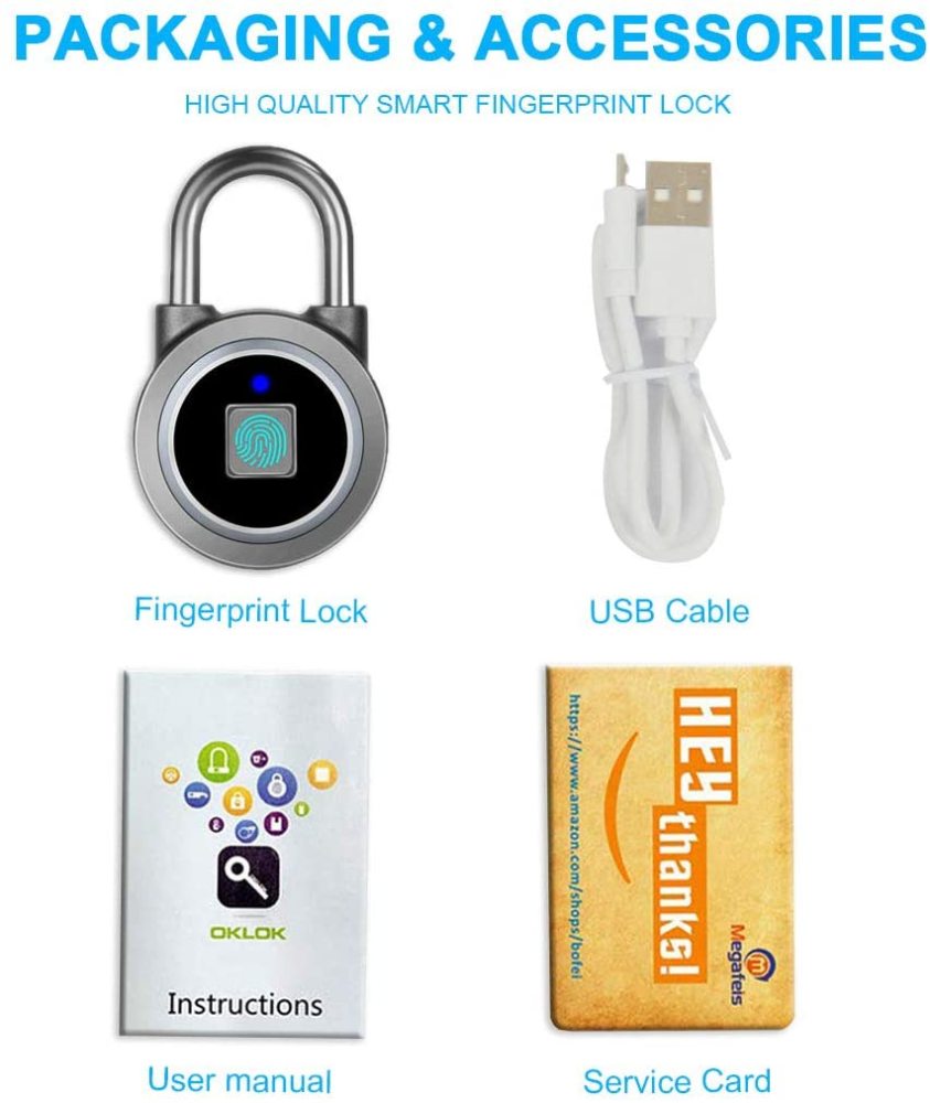 Fingerprint Padlock, Bluetooth Lock, Mobile APP, MEGAFEIS Smart Padlock with Keyless Biometric, Water Resistant, Suitable for Gym, Sports, Bike, School, Locker and Storage(Grey)