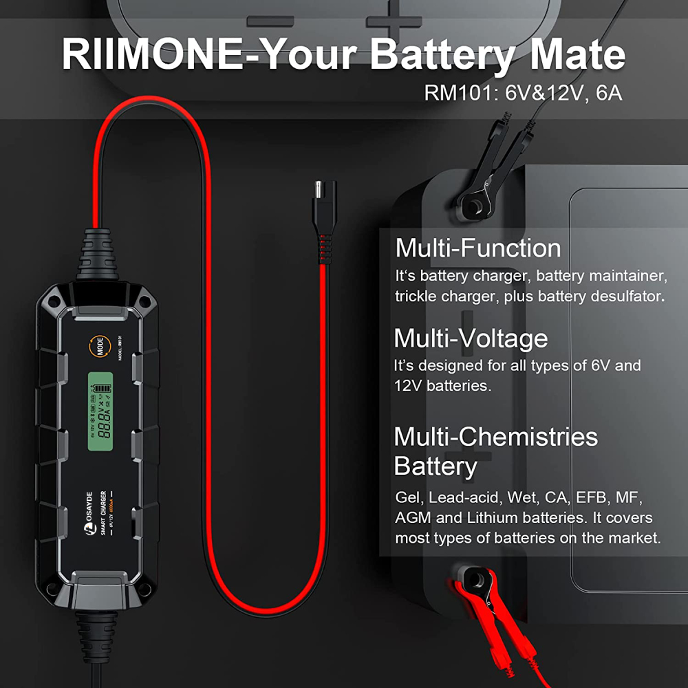 IT OSAYDE Smart Battery Charger, Trickle Chargers and Maintainer, Automotive Charging Accessories with Temperature Compensation, LiFePO4 Deep Cycle Batteries Charger - 6Amp, 6V/12V