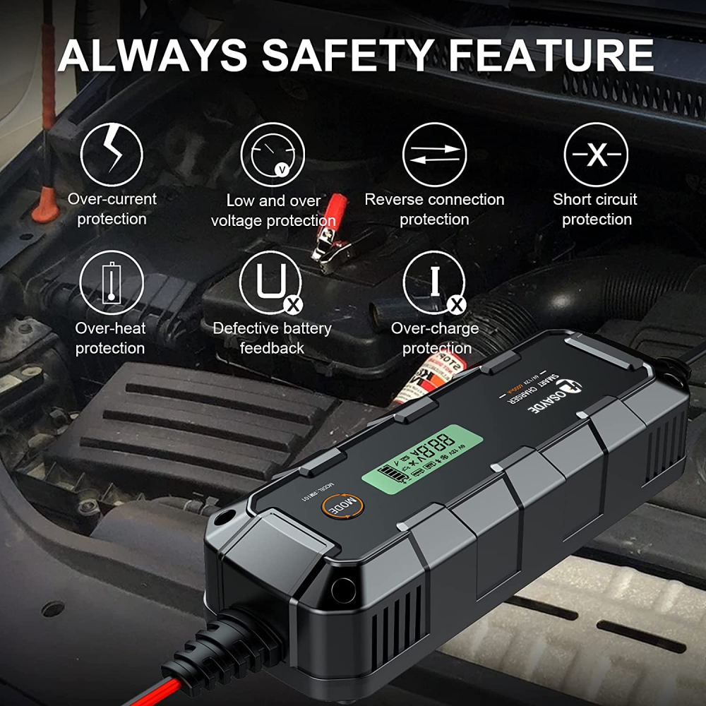 IT OSAYDE Smart Battery Charger, Trickle Chargers and Maintainer, Automotive Charging Accessories with Temperature Compensation, LiFePO4 Deep Cycle Batteries Charger - 6Amp, 6V/12V