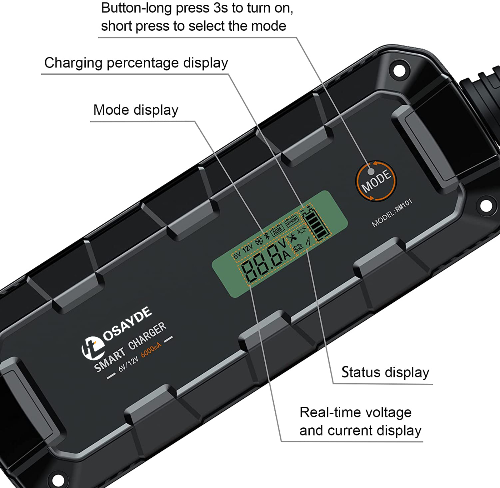 IT OSAYDE Smart Battery Charger, Trickle Chargers and Maintainer, Automotive Charging Accessories with Temperature Compensation, LiFePO4 Deep Cycle Batteries Charger - 6Amp, 6V/12V