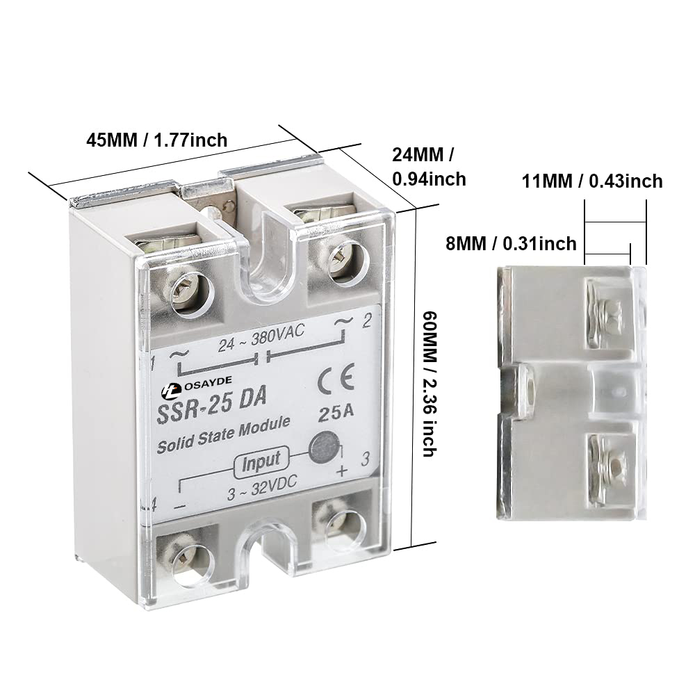 IT OSAYDE Solid State Relay SSR-25DA,Aideepen 2PCS Single Phase Semi-Conductor Relay DC 3-32V to AC 24-380V with Plastic Cover