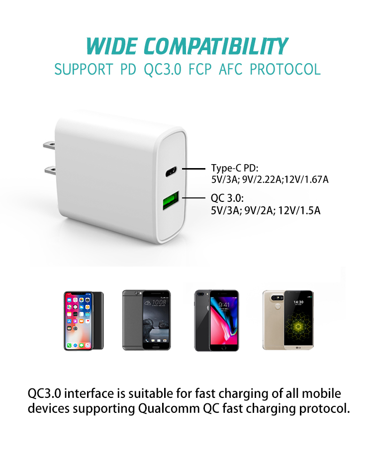 type c pd 20w + qc3.0 18w total 38w fast wall charger