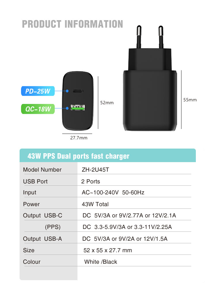 2 ports PD QC 3.0 quick fast wall charger