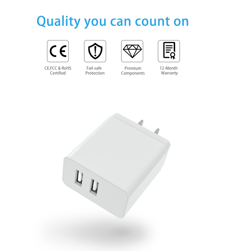 2- Port USB Wall Charger Plug 3.1A Power Adapter with CE ROHS certificates