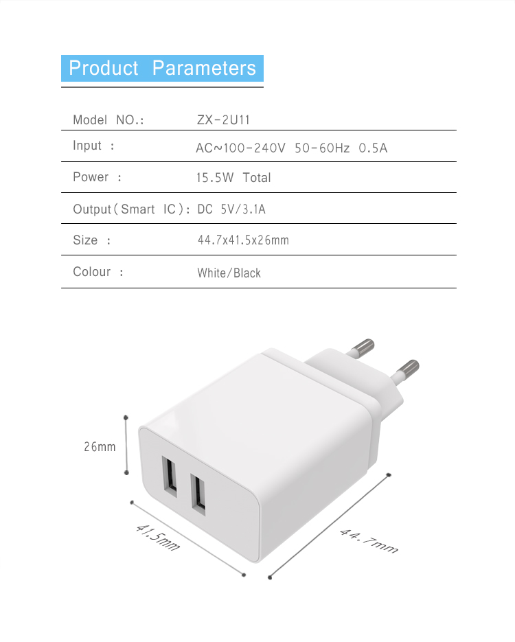 2- Port USB Wall Charger Plug 3.1A Power Adapter