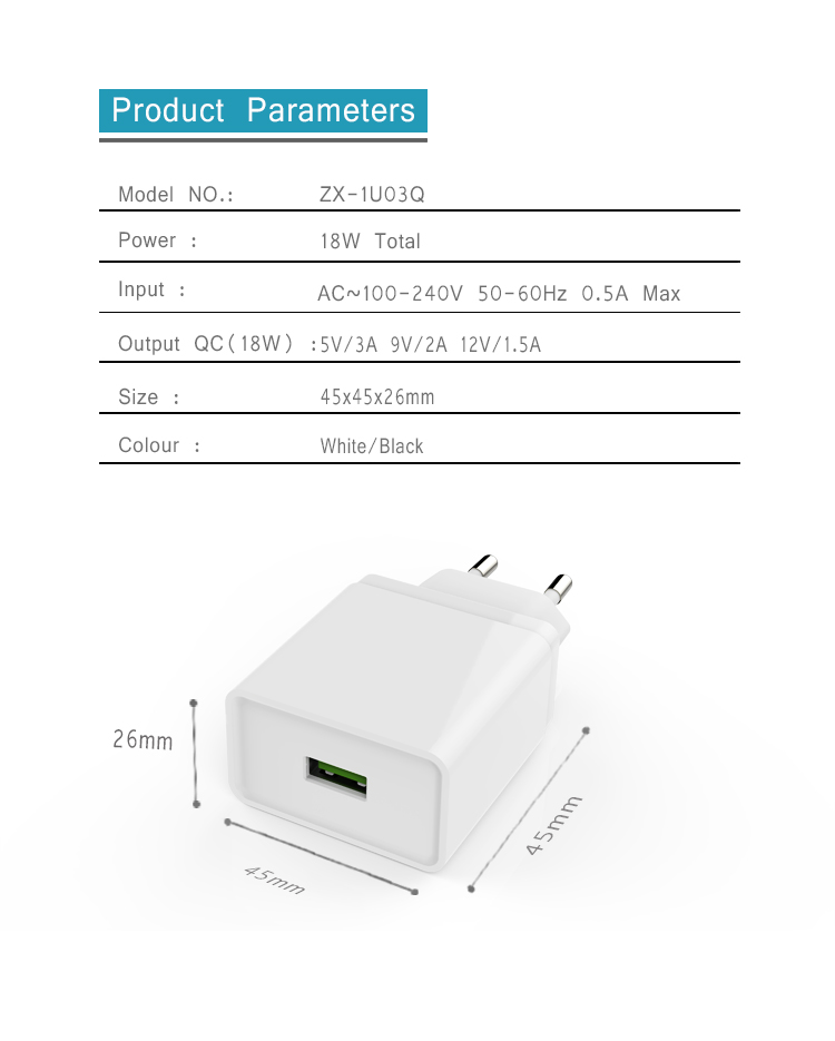 qualcomm quick qc3.0 18w fast travel wall charger