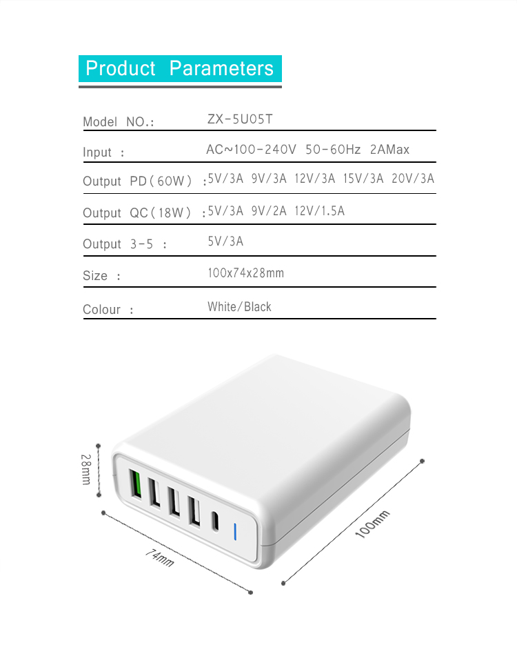 75W 5 Port USB Charging Station