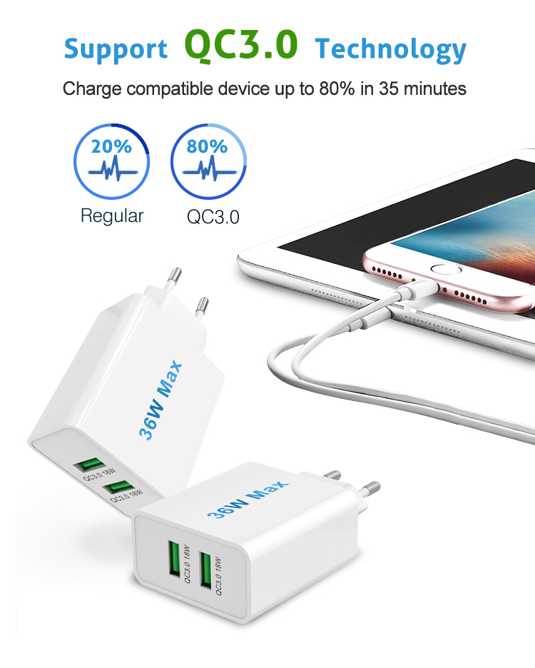 36w dual ports qc3.018w fast charger for smart phone