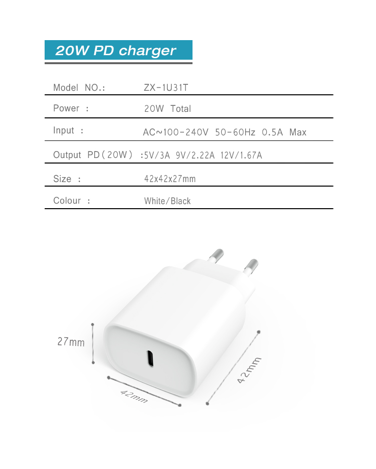 20W  PD Fast Charger USB-C Power Adapter For Apple iPhone 12 iPad 2020