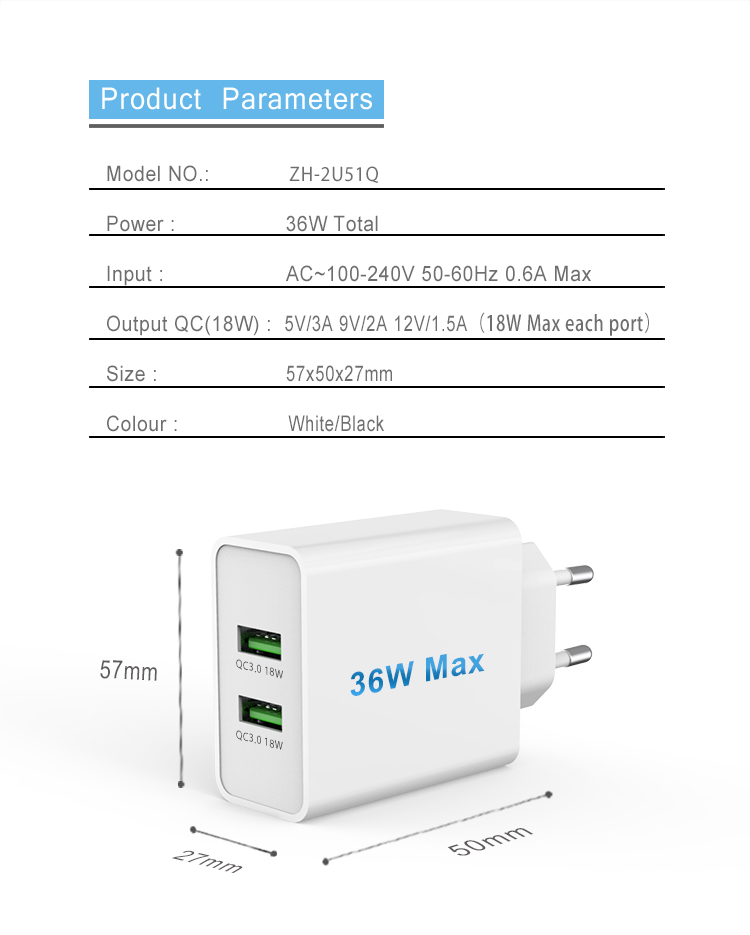 Cell Phone Charger 18w 2-ports