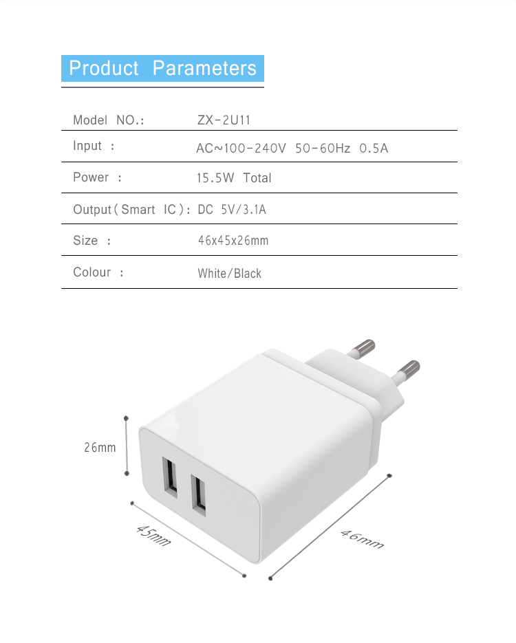 Usb Wall Charger 15.5W 