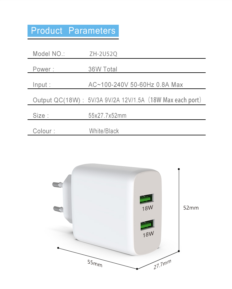 dual usb qc3.0 36w fast wall charger