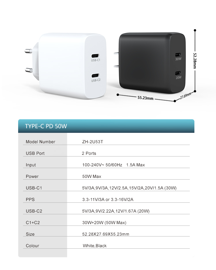 Dual usb-c PD20W+PD30W 50W Fast Wall Charger