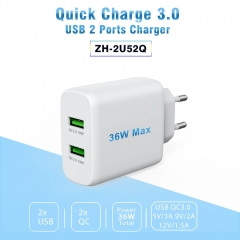 ZONSAN Dual QC3.0 36W Quick Wall Charger EU KR US White Black