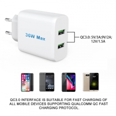 ZONSAN Dual QC3.0 36W Quick Wall Charger EU KR US White Black
