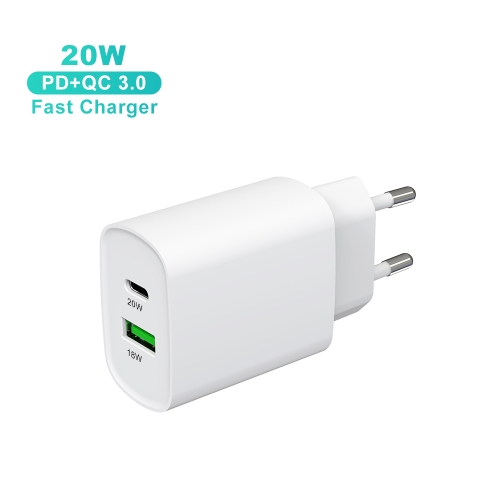 Charg. rapide, 1 USB-C PD, 1 USB-A QC, mini-chargeur, 38 W, blanc