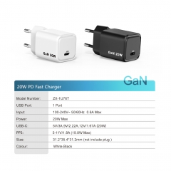 Custom PD 20w Charger Type c PD3.0 QC Portable Wall Mobile Phone Gan 20w Fast Charger | ZX-1U76T