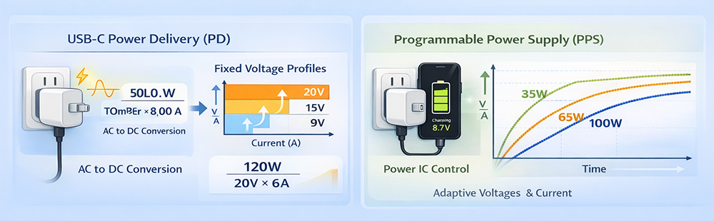 pd vs pps charging difference diagram usb c fast charging comparison