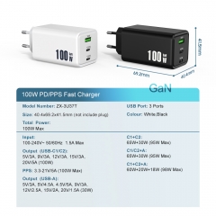 100W GaN Fast Charger with 2 USB-C + 1 USB-A Laptop Mobile Phone Charger | ZX-3U37T