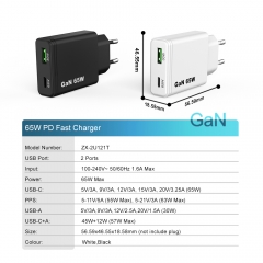 Ultra Slim 65W GaN Charger with USB-C + USB-A Portable Mobile Fast Charger | ZX-2U121T