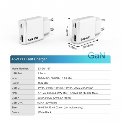 45W Gan Charger Type c PD PPS Fast Charging Mobile Phone Wall 45w Charger KC | ZX-2U116T