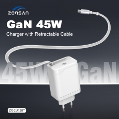 45W GaN Charger with Retractable Cable for iPhone 17 18 pro max, Samsung Series Fast Charging | ZX-2U128T