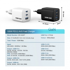 100W GaN Charger 2C1A USB C Fast Charger for iPhone, Samsung, Mobile Devices and Laptop | ZX-3U45T