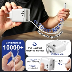 45W GaN Charger with Retractable Cable for iPhone 17 18 pro max, Samsung Series Fast Charging | ZX-2U128T