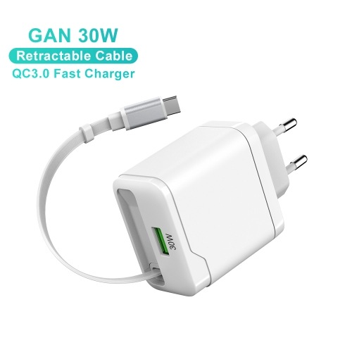30W Retractable GaN Charger Portable USB-C Cable Fast Charger | ZX-2U129T